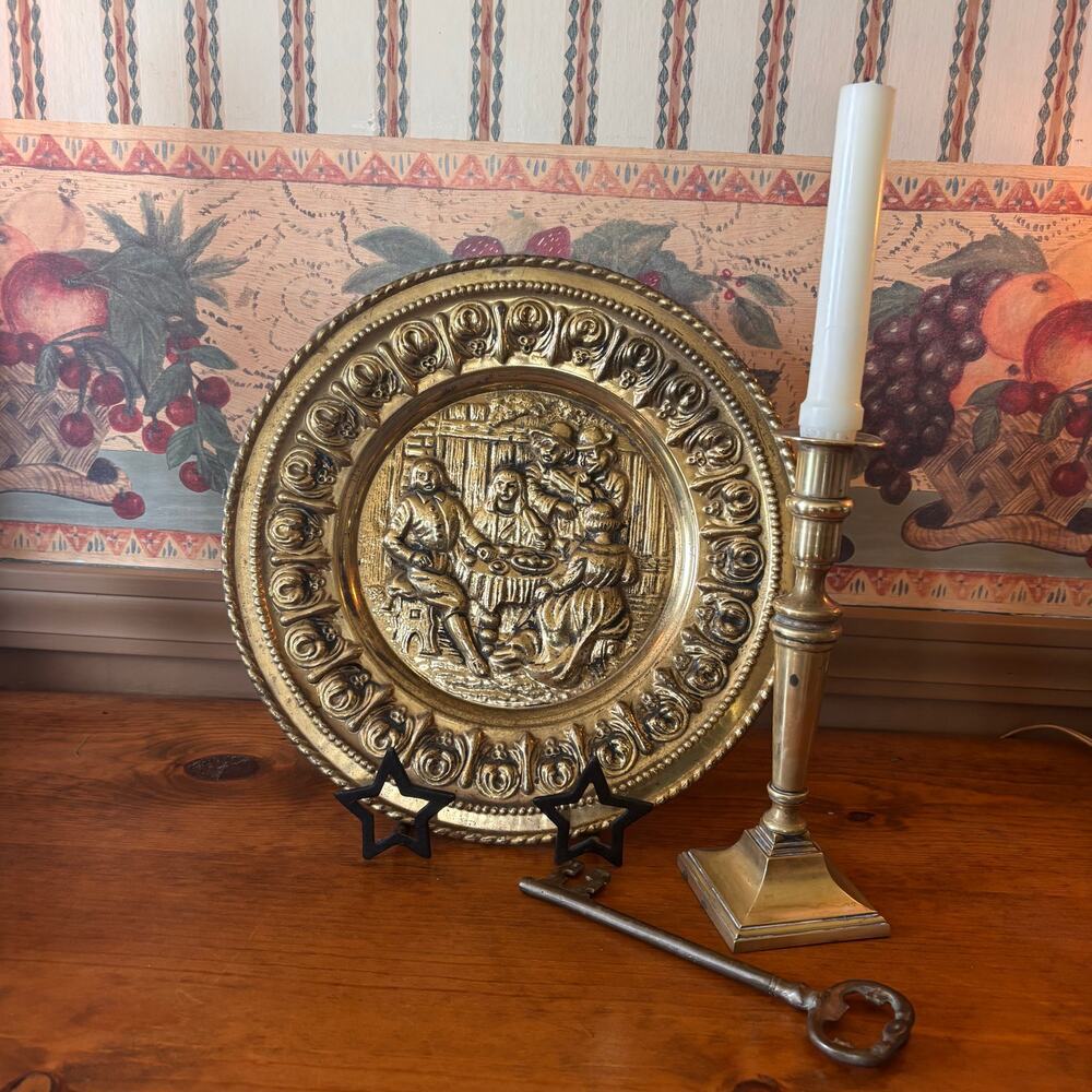 Vintage 12" English Brass Wall Plate - Embossed Tavern Scene - Peerage Style